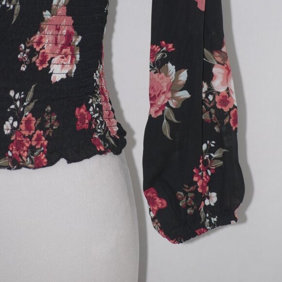LNC Justify Juniors Medium Black Floral Top Off the Shoulder Shirt ¾ Sleeves - Picture 2 of 4